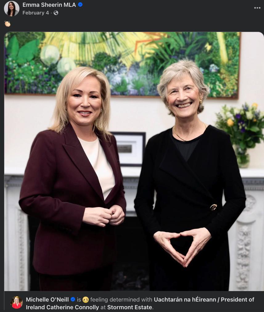 Screenshot of an Emma Sheerin MLA Facebook post with a photo of Michelle O'Neill and Ireland's President Catherine Connolly at Stormont Estate, Connolly in a black dress smiling with her fingertips pressed together in a triangle.