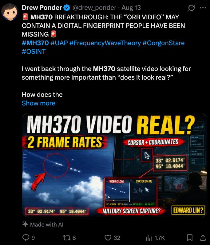 Screenshot 9 of 11: Drew Ponder's MH370 teleportation posts on X