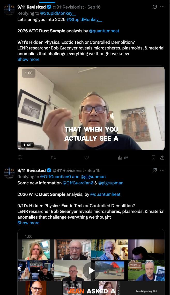 Screenshot of a Norman (@911Revisionist, "9/11 Revisionist") X/Twitter reply promoting Bob Greenyer's 2026 WTC dust sample video.