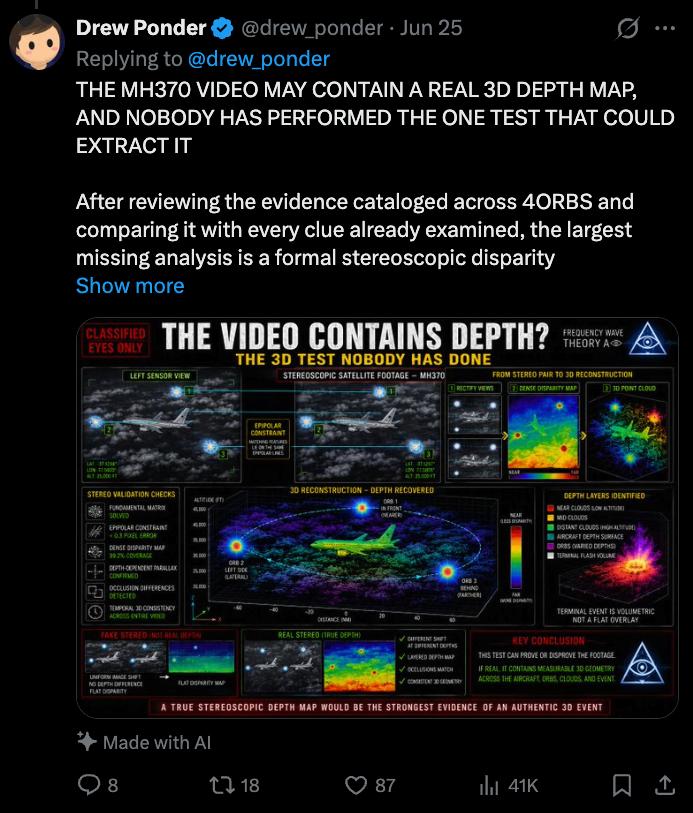Screenshot 8 of 11: Drew Ponder's MH370 teleportation posts on X