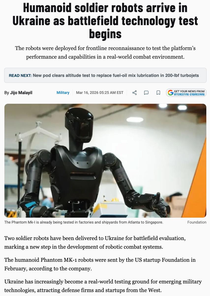 Photo referenced in a Hive/Telegram post about the US delivering humanoid robot soldiers to Ukraine