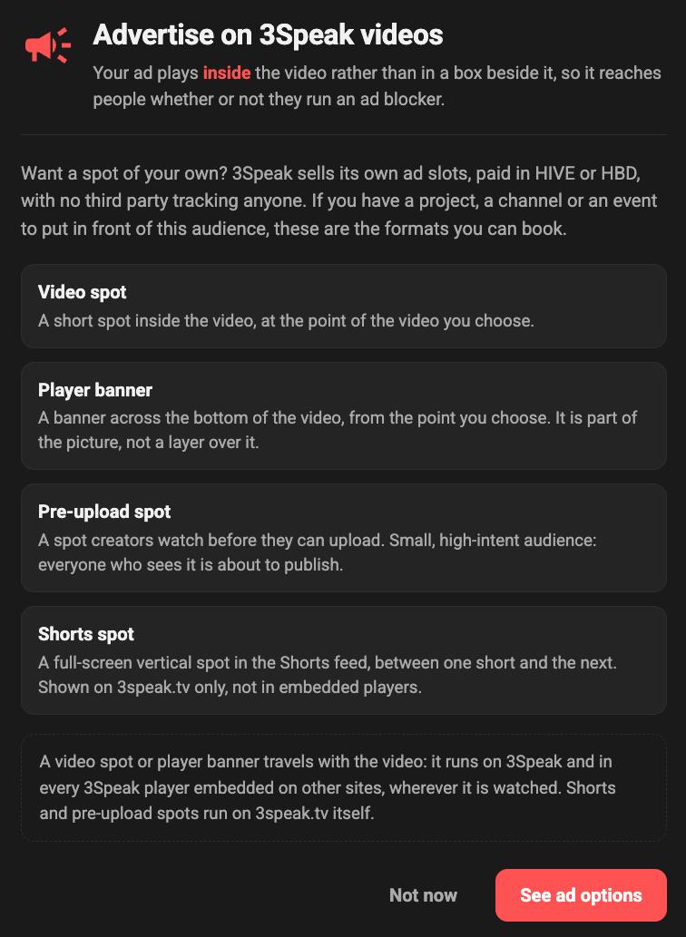Screenshot of 3Speak's "Advertise on 3Speak videos" page, listing ad formats: video spot, player banner, pre-upload spot, and Shorts spot, paid in HIVE or HBD.