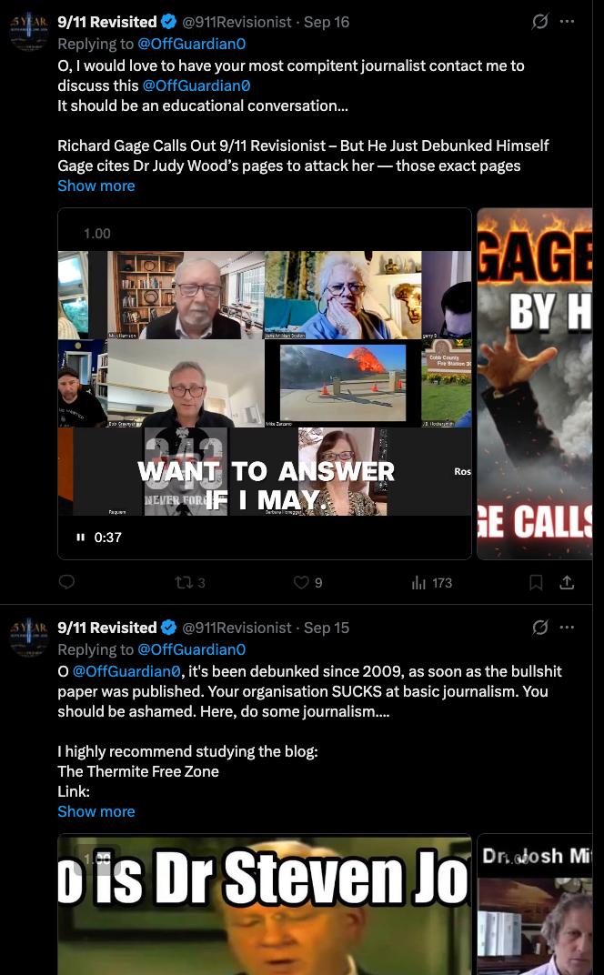 Screenshot of a Norman (@911Revisionist, "9/11 Revisionist") X/Twitter reply promoting Bob Greenyer's 2026 WTC dust sample video.