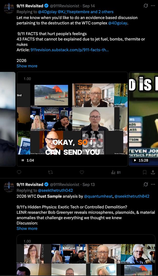 Screenshot of a Norman (@911Revisionist, "9/11 Revisionist") X/Twitter reply promoting Bob Greenyer's 2026 WTC dust sample video.