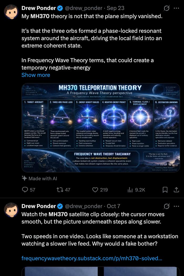 Screenshot 4 of 11: Drew Ponder's MH370 teleportation posts on X