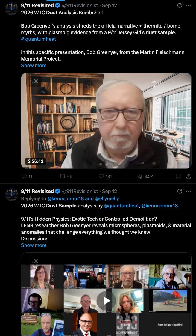 Screenshot of a Norman (@911Revisionist, "9/11 Revisionist") X/Twitter reply promoting Bob Greenyer's 2026 WTC dust sample video.
