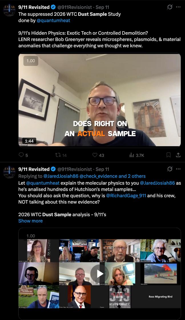 Screenshot of a Norman (@911Revisionist, "9/11 Revisionist") X/Twitter reply promoting Bob Greenyer's 2026 WTC dust sample video.