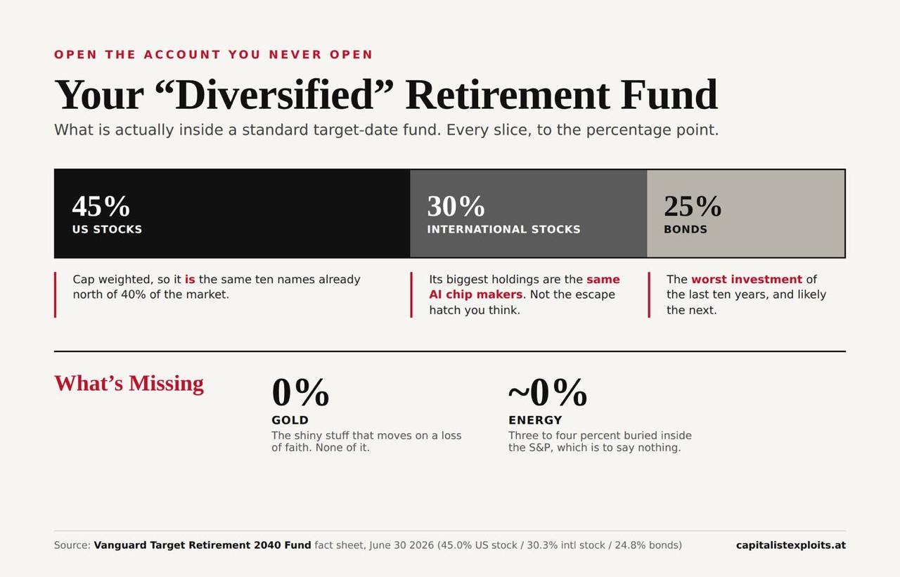 Chart titled "Your 'Diversified' Retirement Fund" breaking down a standard target-date fund: 45% US stocks, 30% international stocks, 25% bonds, 0% gold, ~0% energy.