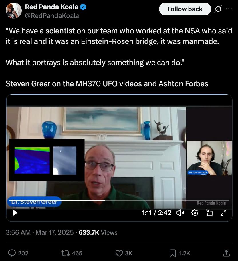 Screenshot: Steven Greer says the MH370 cartoons show an Einstein-Rosen bridge