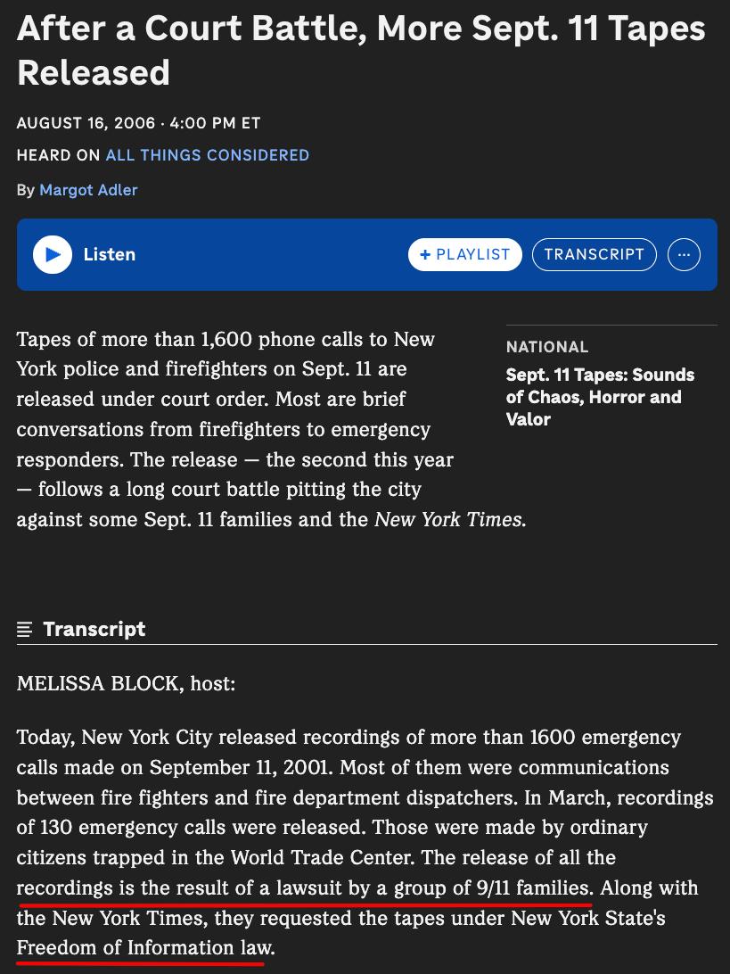 Screenshot of the NPR article "After a Court Battle, More Sept. 11 Tapes Released," about the release of over 1,600 emergency calls from September 11, 2001.