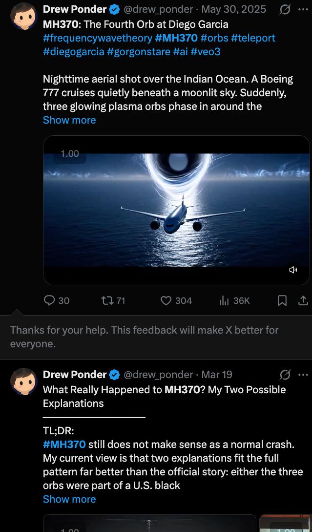 Screenshot 11 of 11: Drew Ponder's MH370 teleportation posts on X