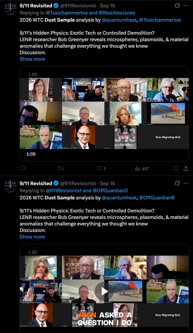 Screenshot of a Norman (@911Revisionist, "9/11 Revisionist") X/Twitter reply promoting Bob Greenyer's 2026 WTC dust sample video.