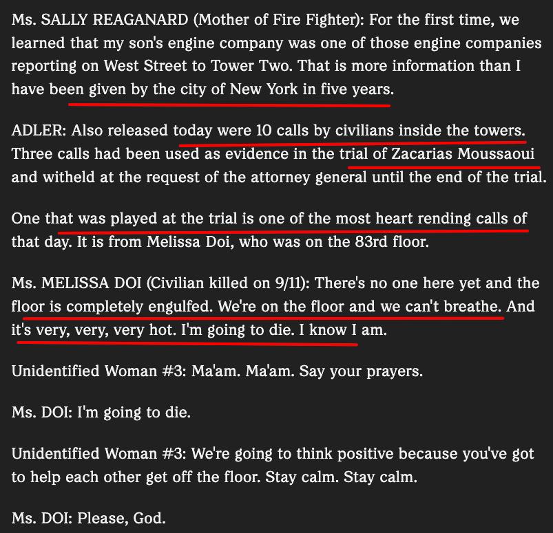 Screenshot of the NPR transcript of the Melissa Doi 911 call played at the Zacarias Moussaoui trial, in which Melissa Doi says "I'm going to die. I know I am."