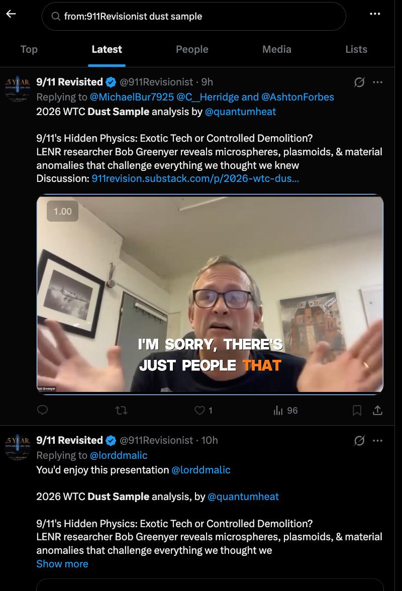 Screenshot of a Norman (@911Revisionist, "9/11 Revisionist") X/Twitter reply promoting Bob Greenyer's 2026 WTC dust sample video.