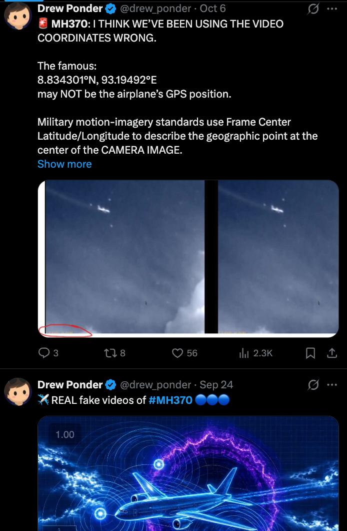 Screenshot 6 of 11: Drew Ponder's MH370 teleportation posts on X