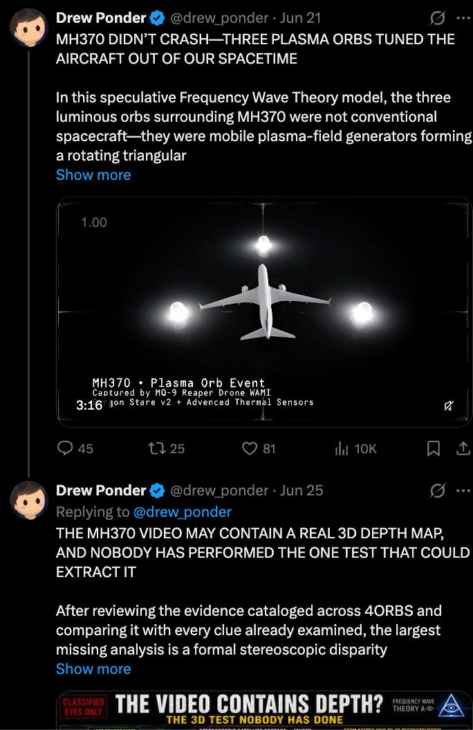 Screenshot 7 of 11: Drew Ponder's MH370 teleportation posts on X
