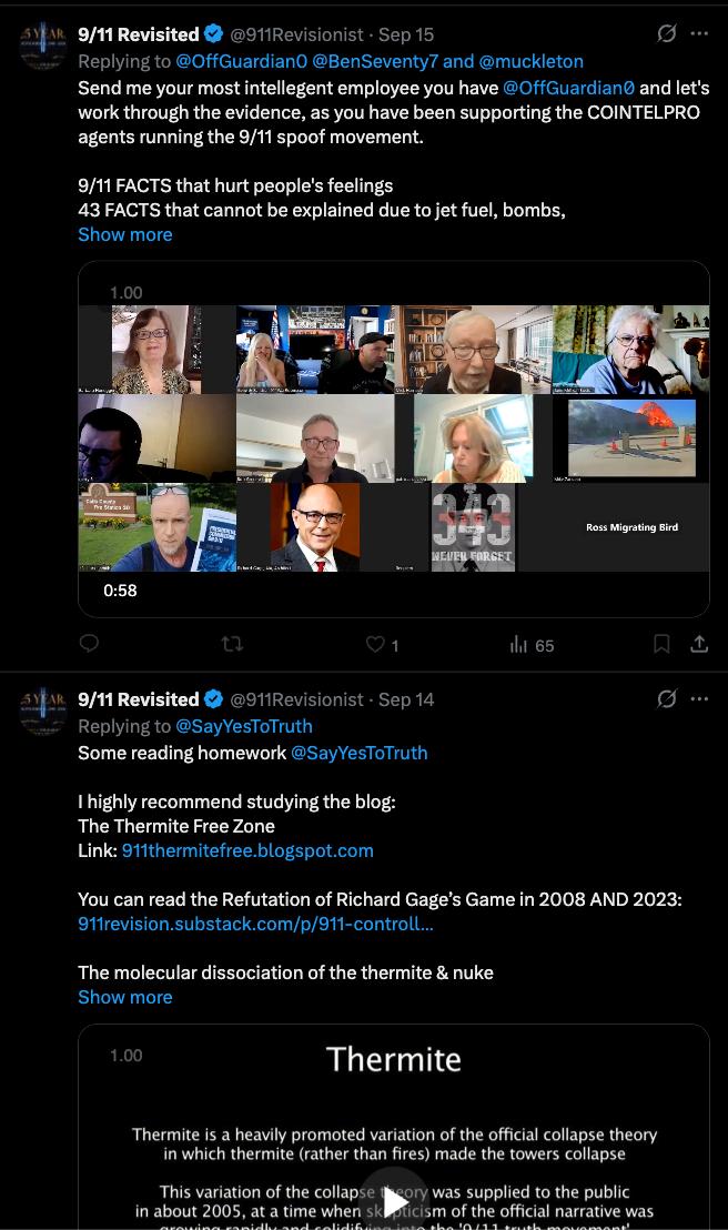 Screenshot of a Norman (@911Revisionist, "9/11 Revisionist") X/Twitter reply promoting Bob Greenyer's 2026 WTC dust sample video.