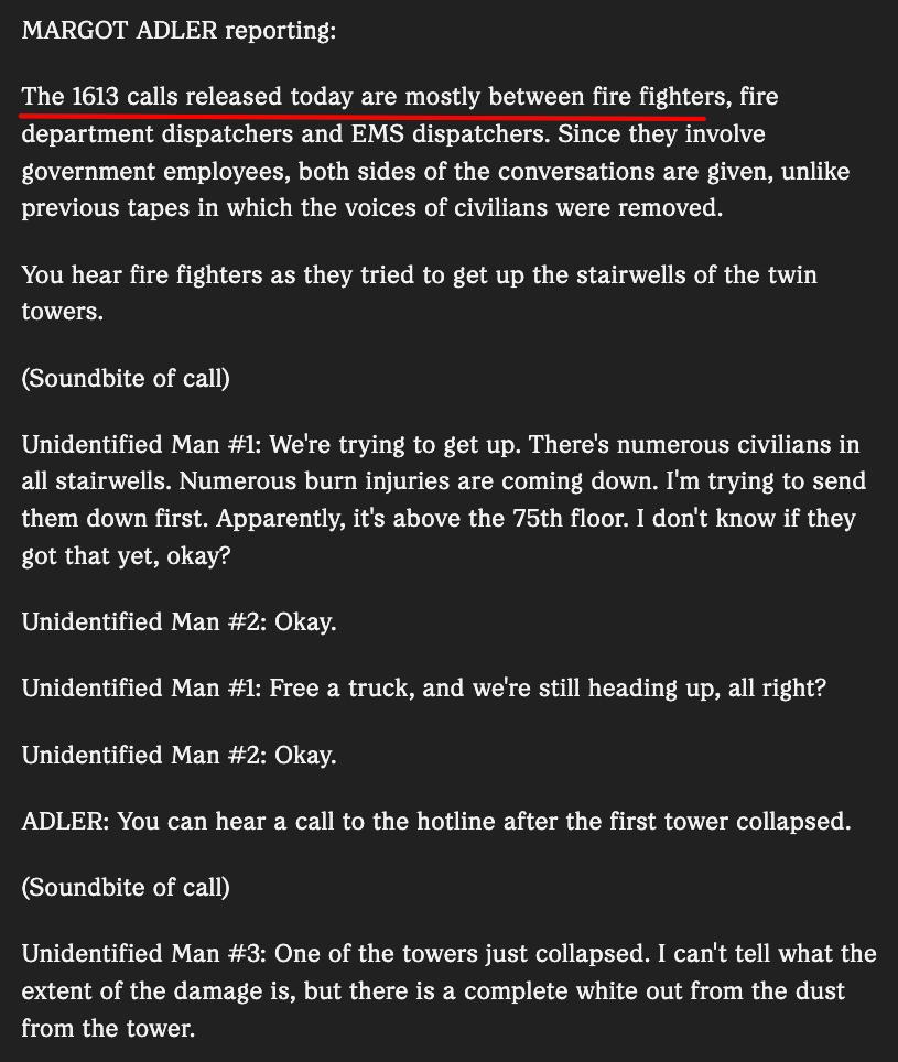 Screenshot of the NPR transcript describing the 1,613 released calls between firefighters and dispatchers, including a call about a complete whiteout from dust after a tower collapsed.