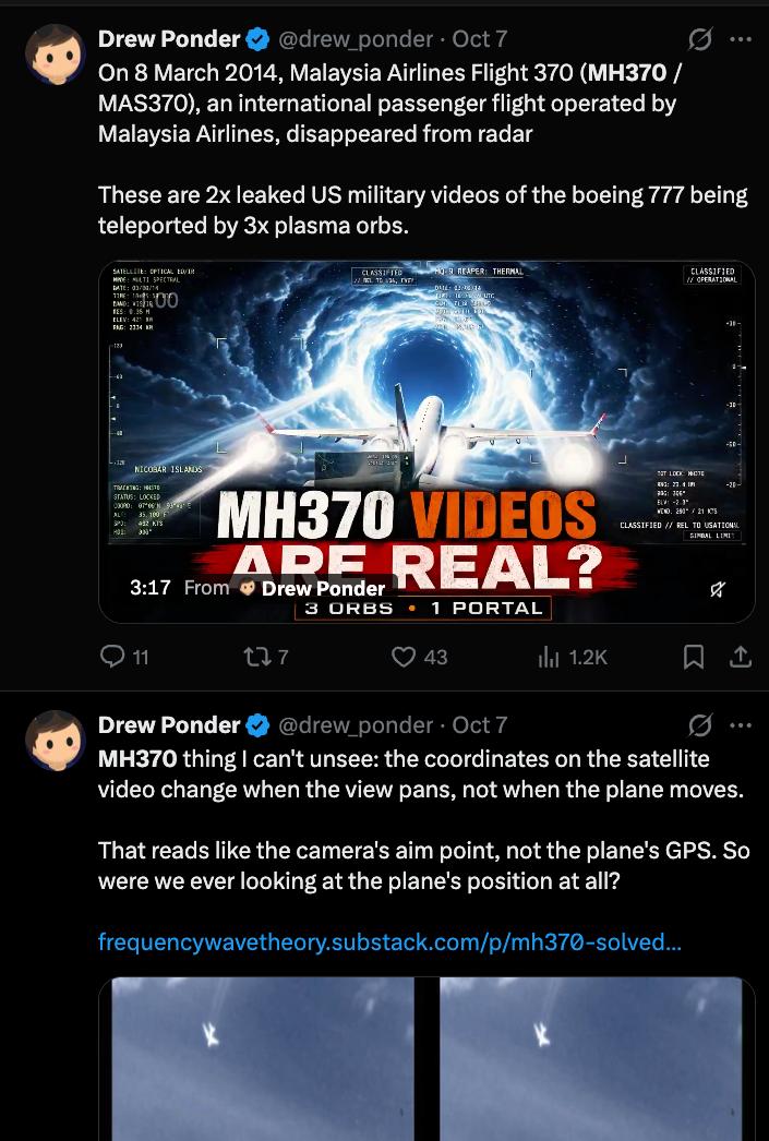 Screenshot 3 of 11: Drew Ponder's MH370 teleportation posts on X