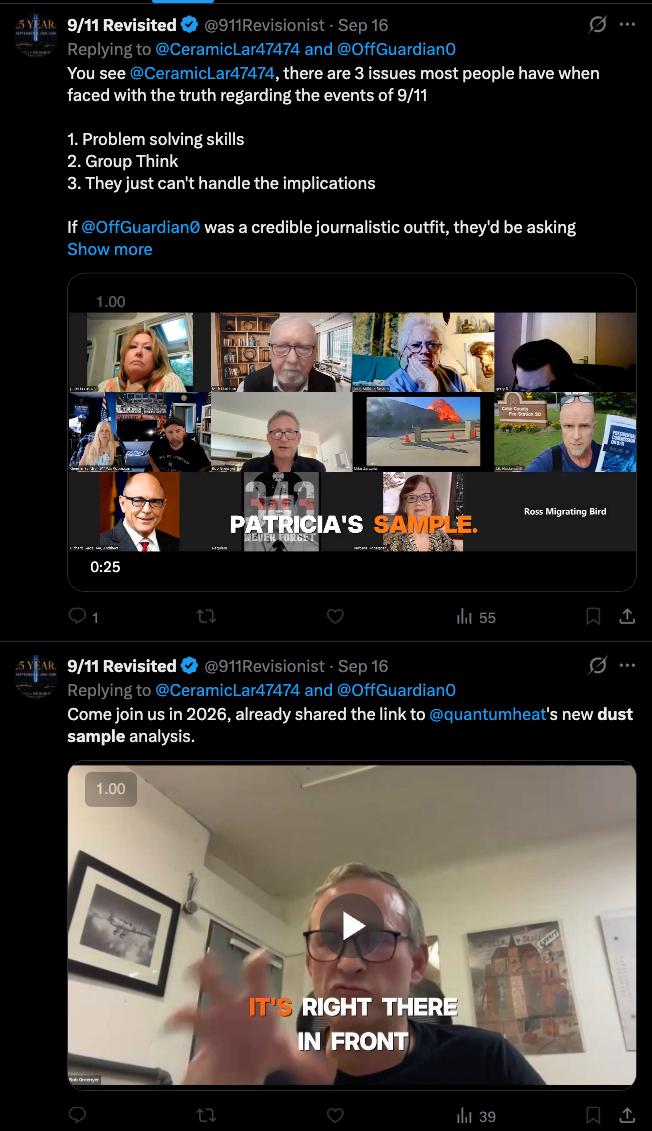Screenshot of a Norman (@911Revisionist, "9/11 Revisionist") X/Twitter reply promoting Bob Greenyer's 2026 WTC dust sample video.