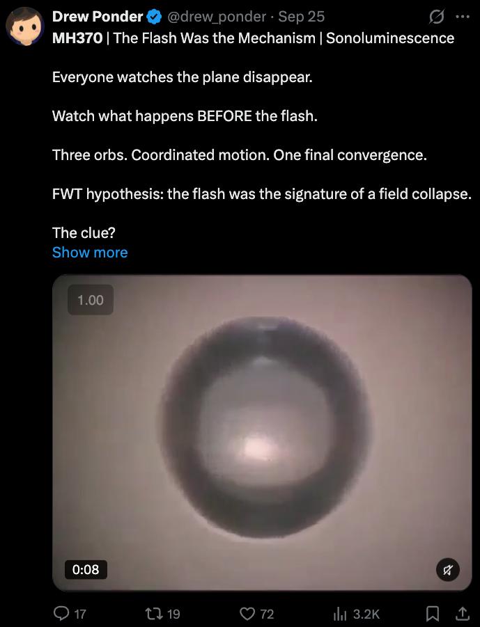 Screenshot 5 of 11: Drew Ponder's MH370 teleportation posts on X