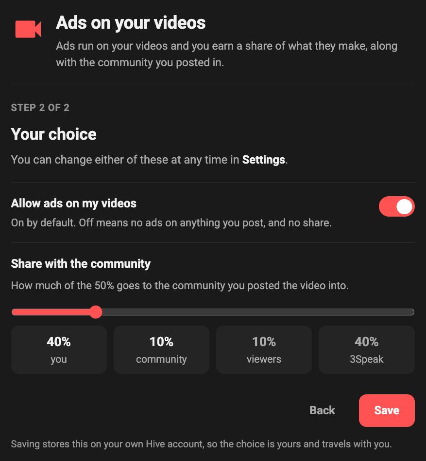 Screenshot of 3Speak's "Ads on your videos" settings (step 2 of 2): a toggle for allowing ads, and a slider for how much of the creator's 50% share goes to the community -- set to 40% creator, 10% community, 10% viewers, 40% 3Speak.