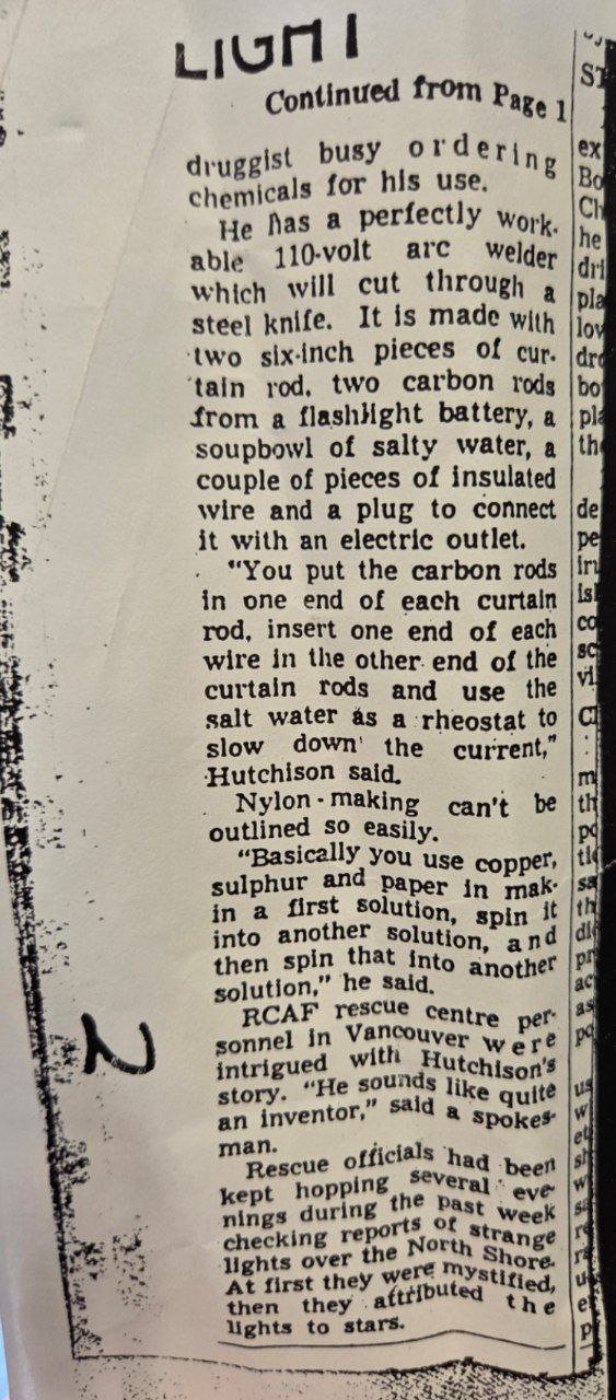 Continuation of the newspaper article (page 2, headlined "Light") describing Hutchison's homemade 110-volt arc welder and nylon-making process, and RCAF rescue officials calling him "quite an inventor" after investigating reports of mysterious lights over the North Shore.