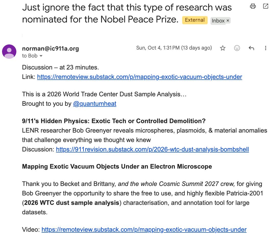 Screenshot: Norman's email spamming Bob Greenyer's dust baggie nonsense