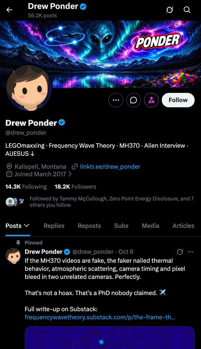 Screenshot 1 of 11: Drew Ponder's MH370 teleportation posts on X