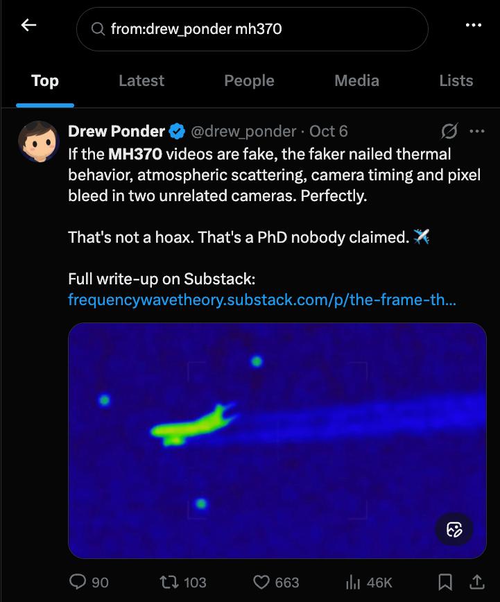 Screenshot 2 of 11: Drew Ponder's MH370 teleportation posts on X