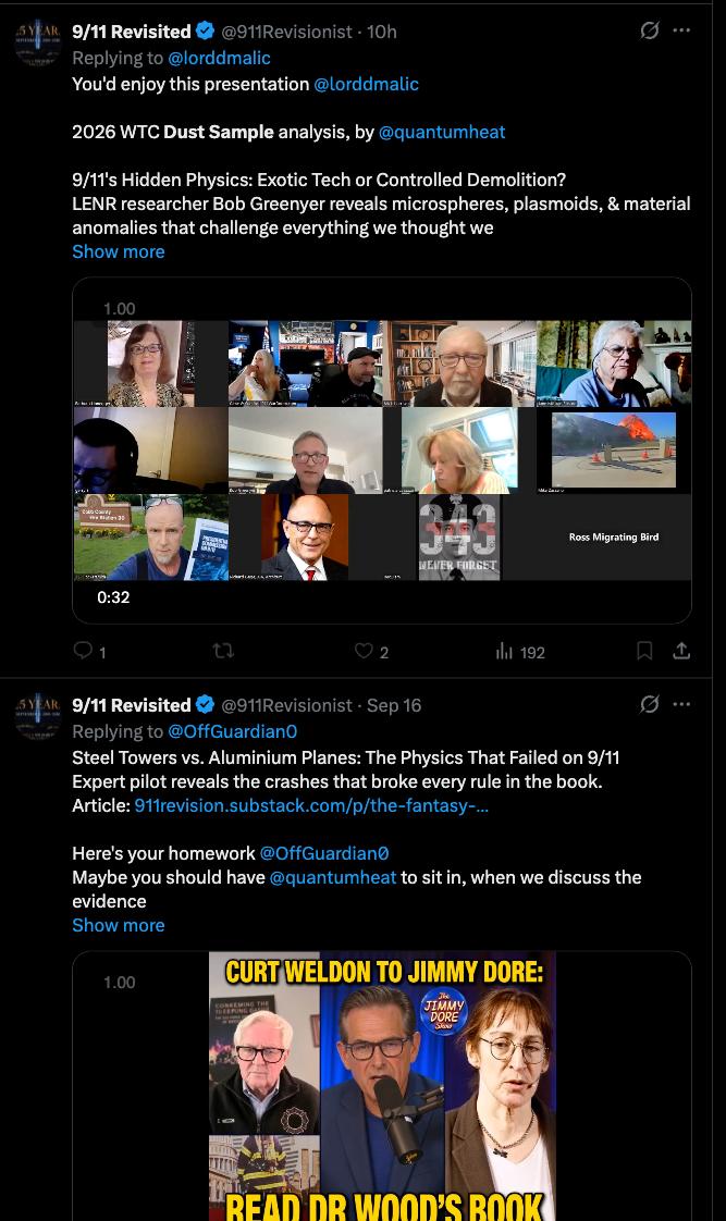 Screenshot of a Norman (@911Revisionist, "9/11 Revisionist") X/Twitter reply promoting Bob Greenyer's 2026 WTC dust sample video.
